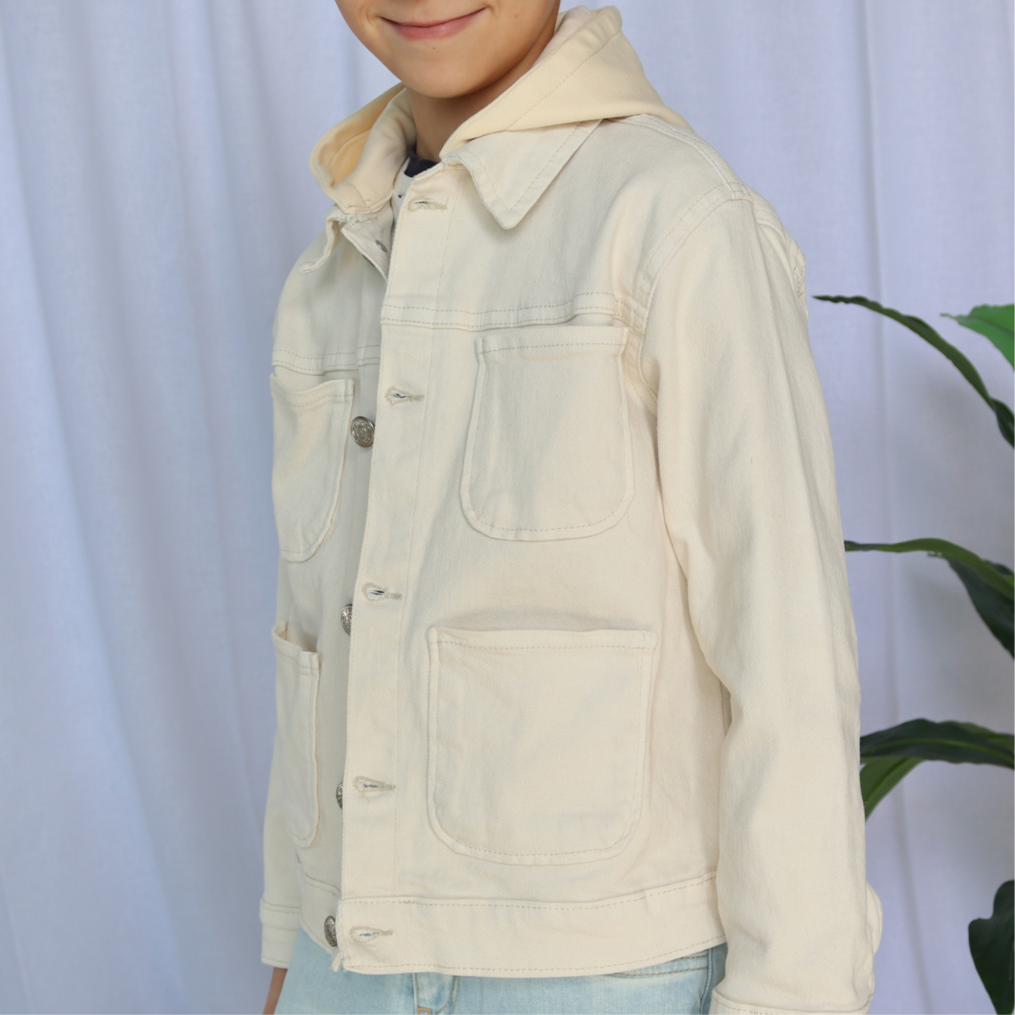 Surchemise garçon avec capuche en jean - Écru