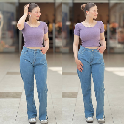 Jean Straight avec fente Strassé